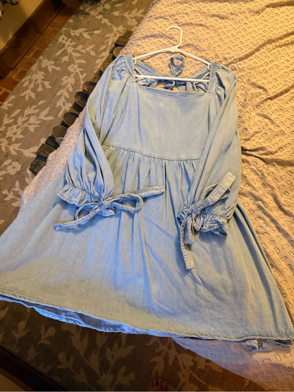 Light Blue denim Long Sleeve Tie-Sleeve Dress